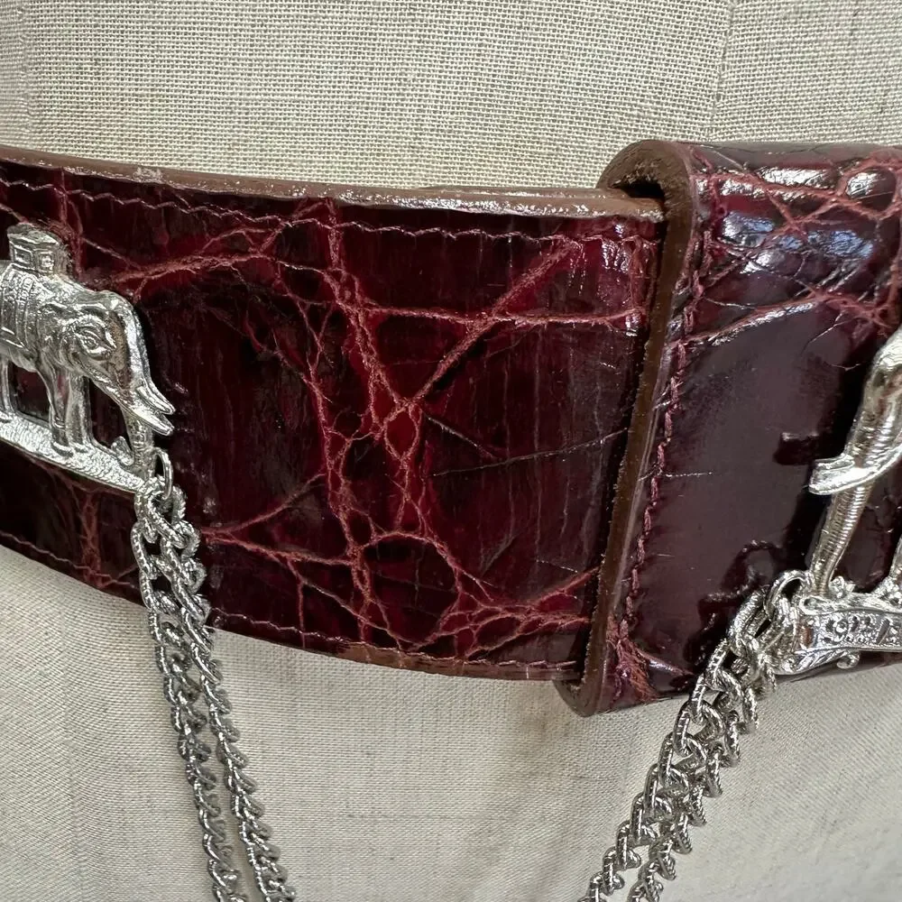 Catherine‎ Carson burgundy leather strap belt silver elephant & drop chain small